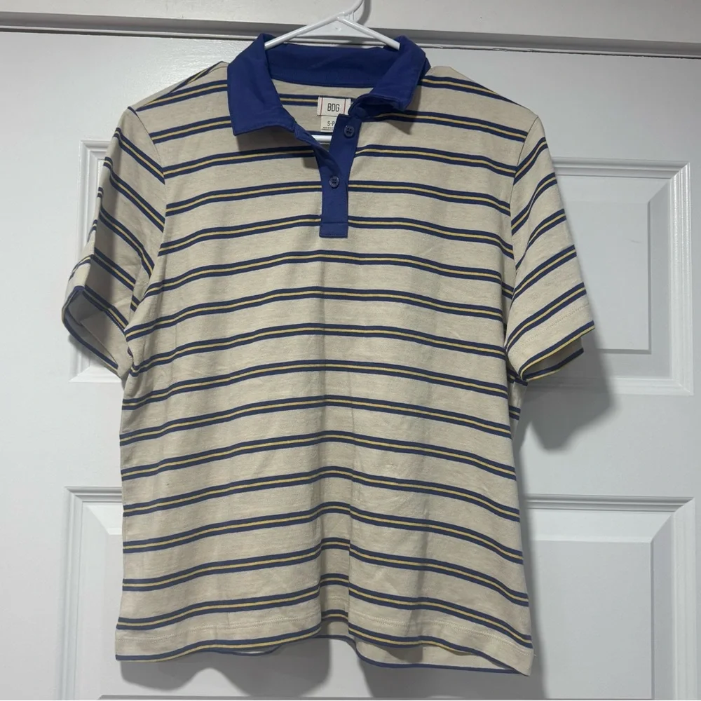 BDG Striped Polo Button-Down Shirt in Cream and Blue